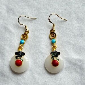 Brand New Sterling Silver w/ Dust Bag Colorful Jade Summer Dangling Earrings